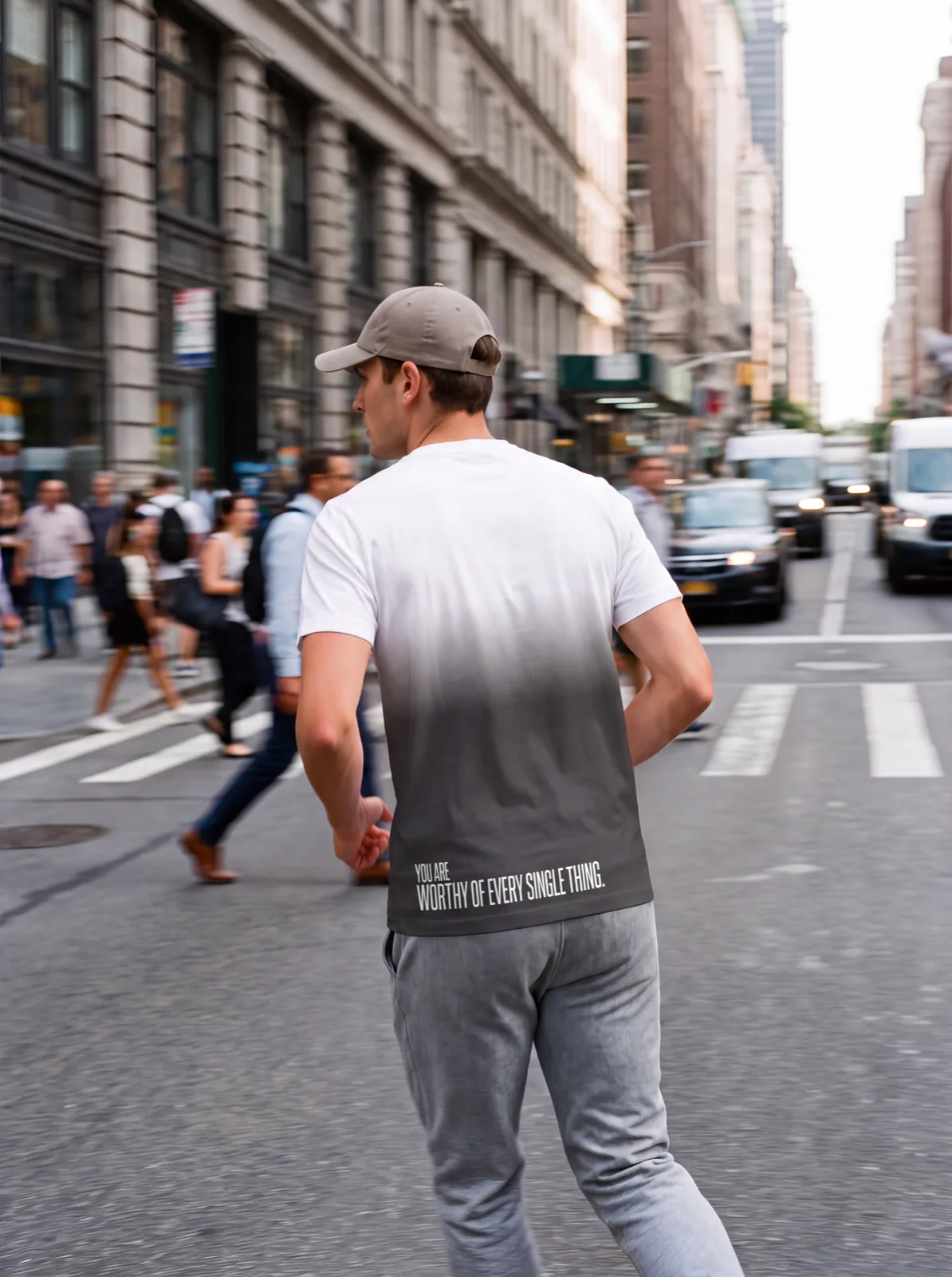 "you are worthy of every single thing." Backprint Tee (Hem Print), on model