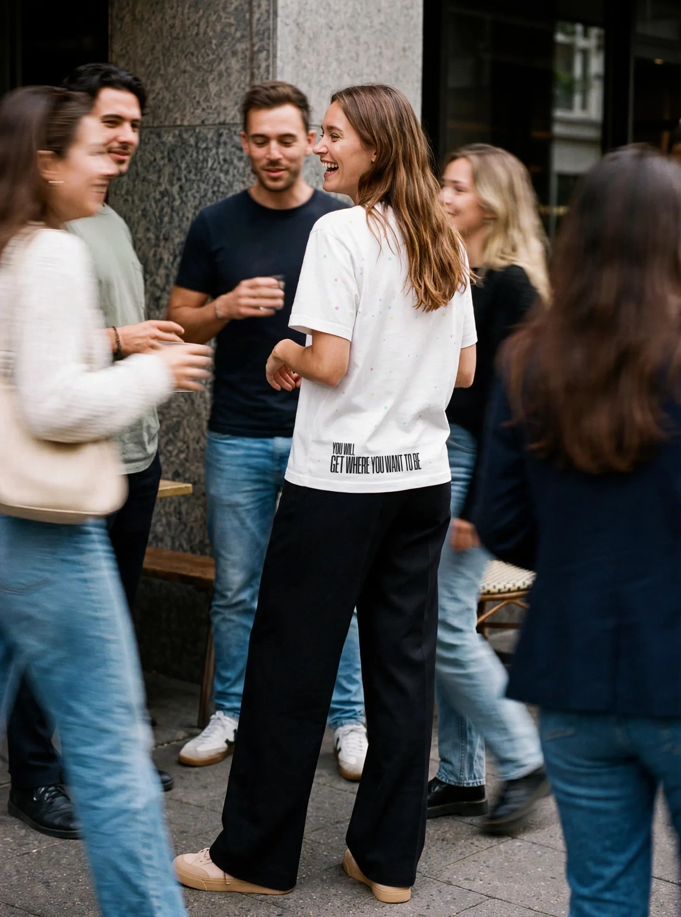 "you will get to where you want to be" Backprint Tee (Hem Print), on model