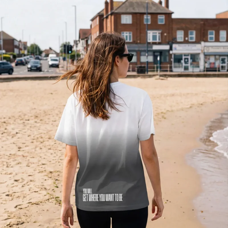 "you will get to where you want to be" Backprint Tee worn by a model
