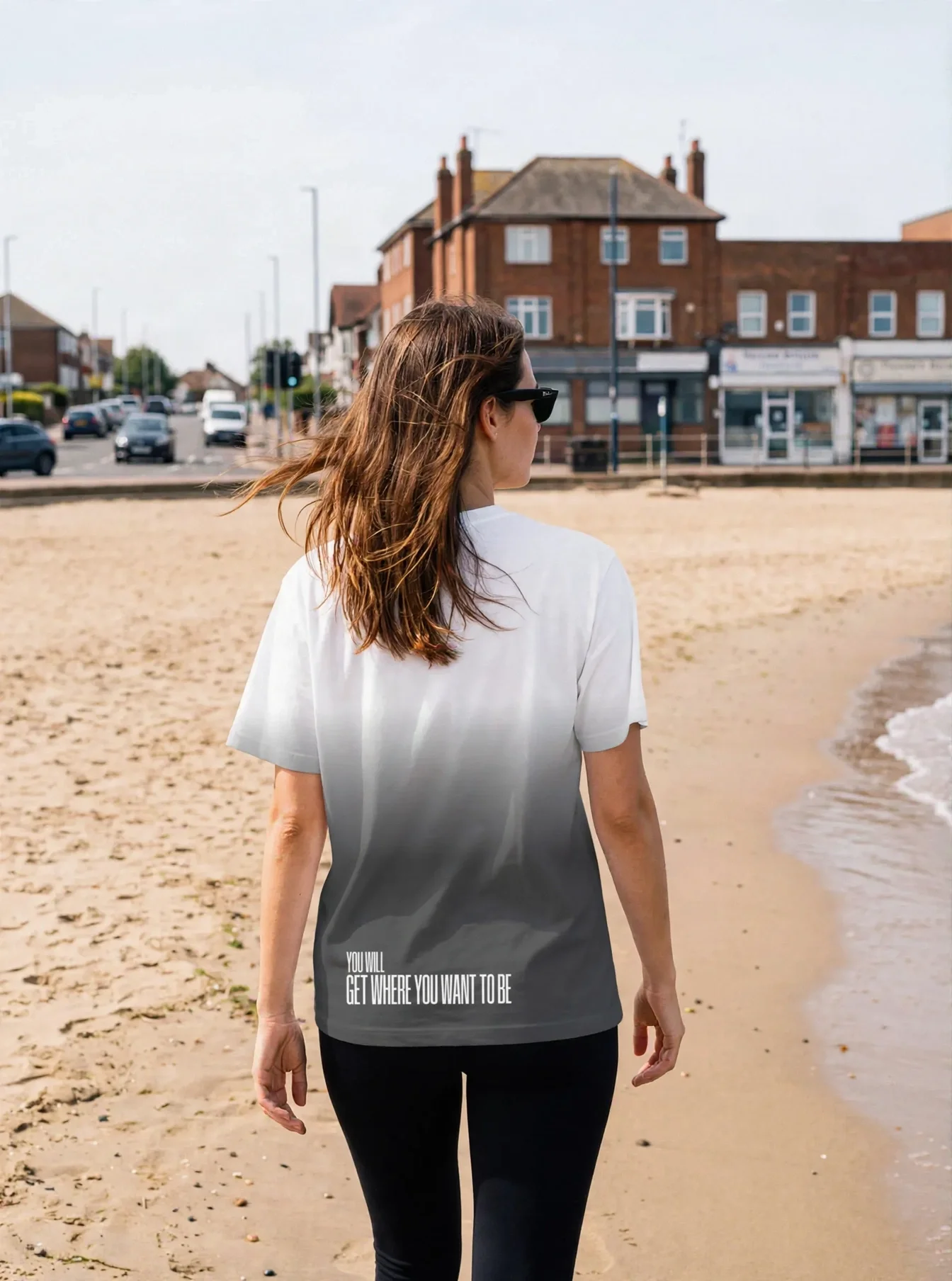 "you will get to where you want to be" Backprint Tee worn by a model