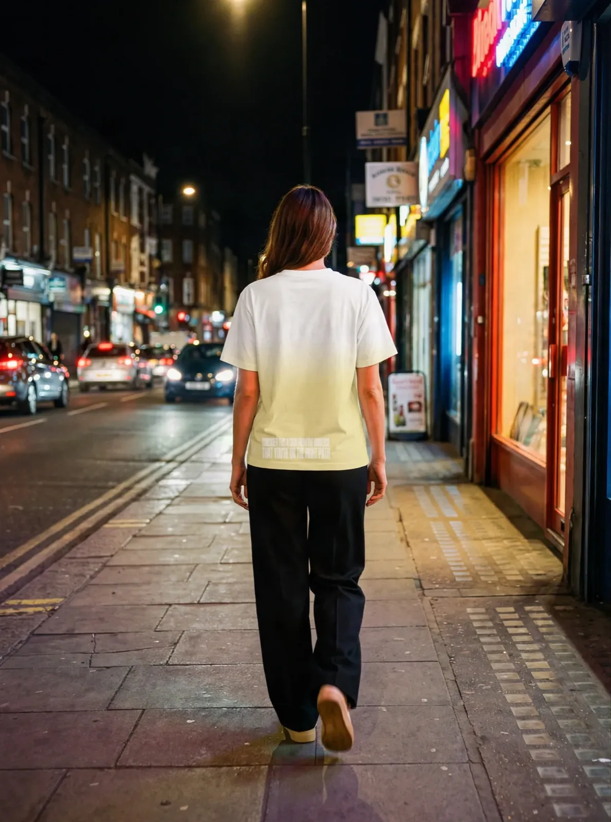 "consider this a sign from the universe that you're on the right path" Backprint Tee (Hem Print), on model