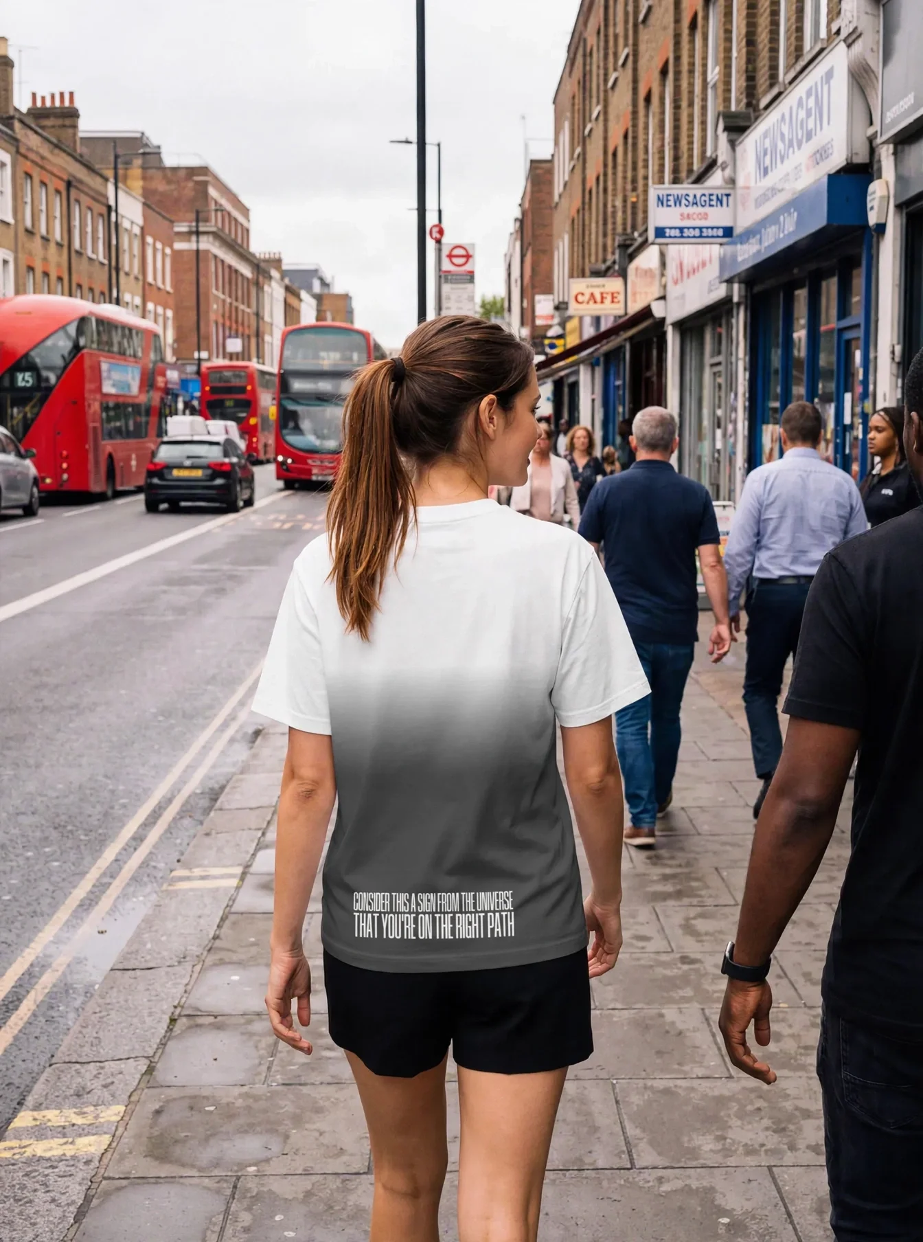 "consider this a sign from the universe that you're on the right path" Backprint Tee worn by a model
