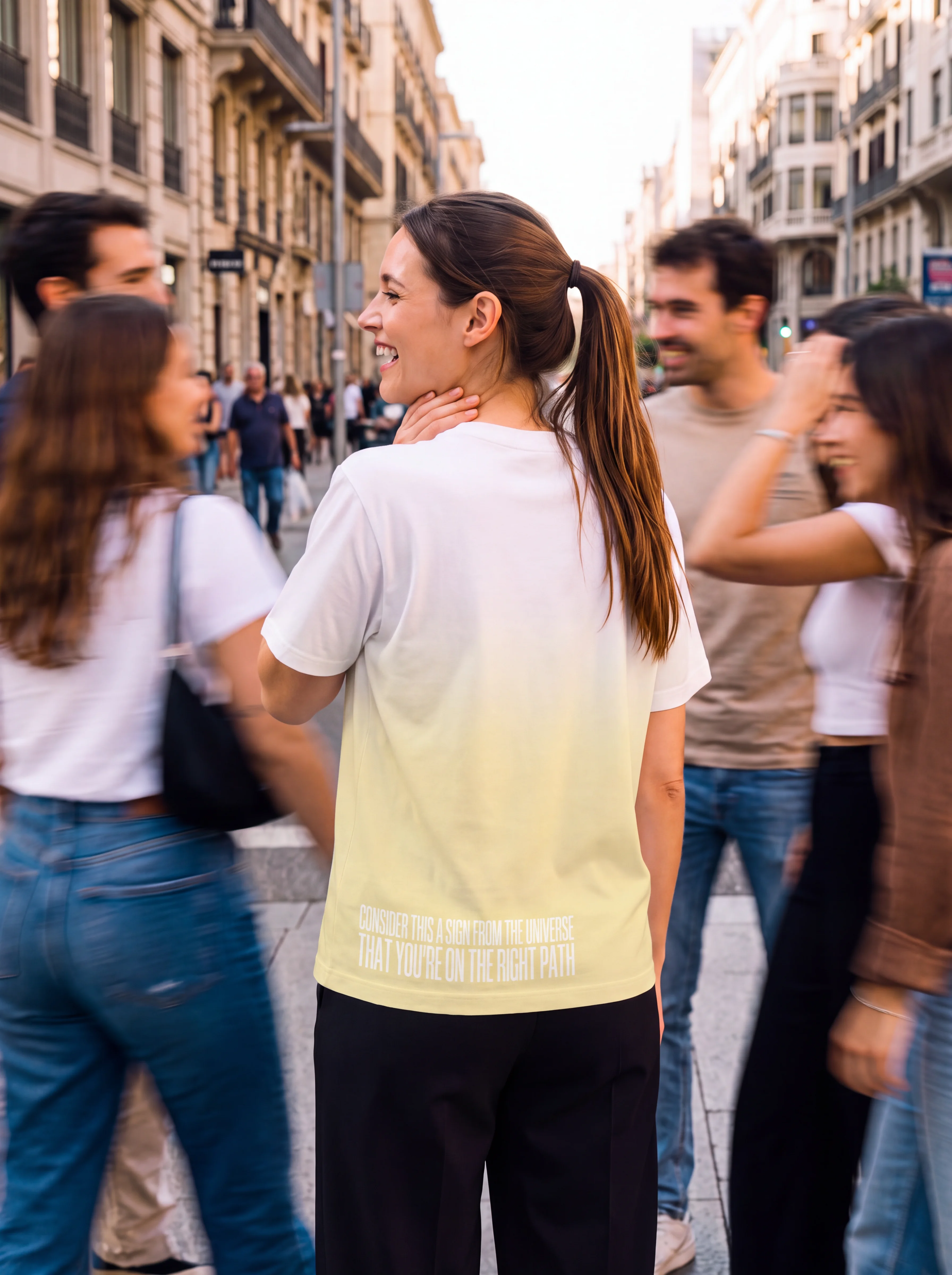 "consider this a sign from the universe that you're on the right path" Backprint Tee worn by a model