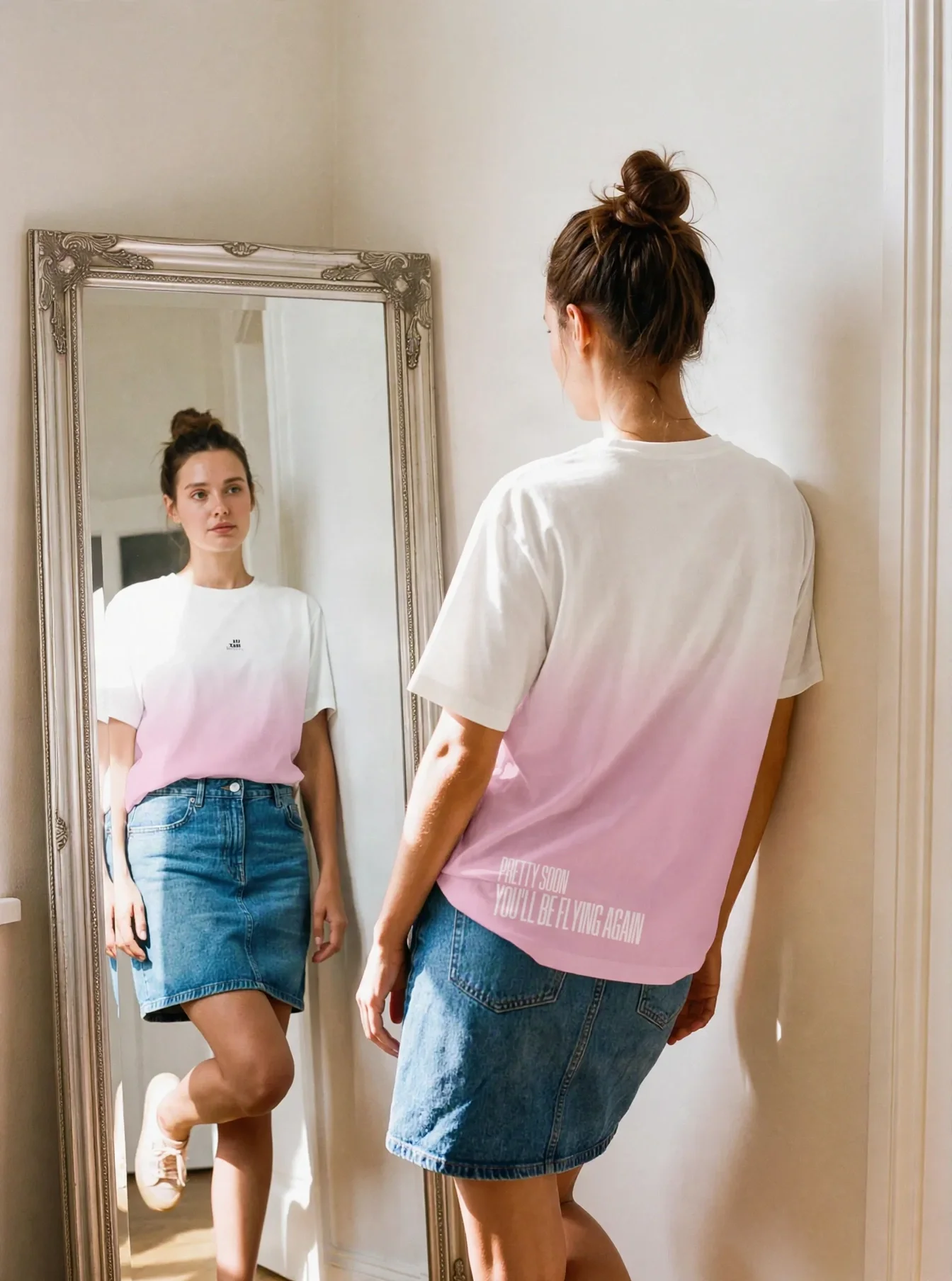 "pretty soon, you'll be flying again" Backprint Tee worn by a model