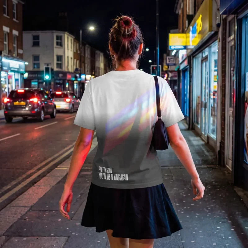 "pretty soon, you'll be flying again" Backprint Tee worn by a model