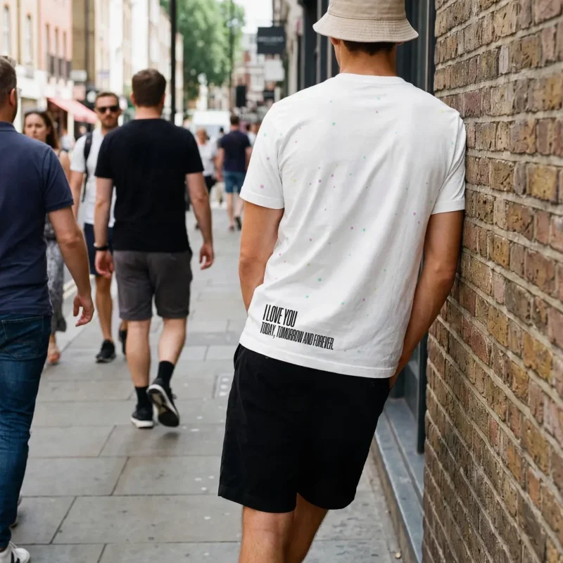 "i love you today, tomorrow and forever." Backprint Tee worn by a model