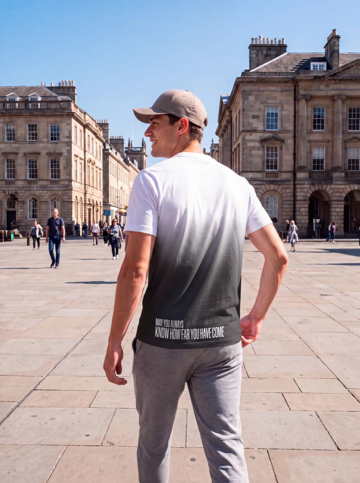 "MAY YOU ALWAYS KNOW HOW FAR YOU HAVE COME" Backprint Tee (Hem Print), on model