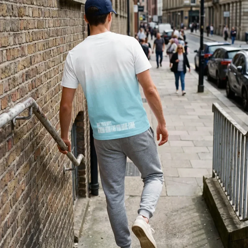 "MAY YOU ALWAYS KNOW HOW FAR YOU HAVE COME" Backprint Tee worn by a model