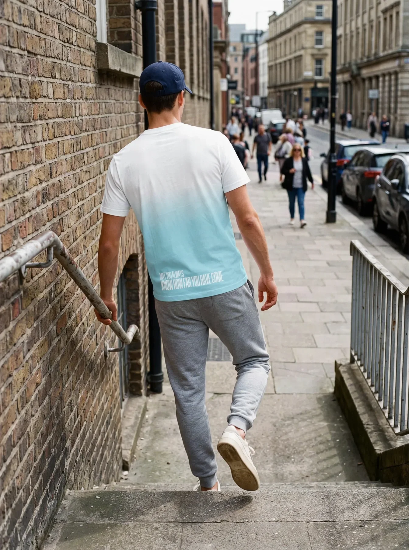 "MAY YOU ALWAYS KNOW HOW FAR YOU HAVE COME" Backprint Tee worn by a model