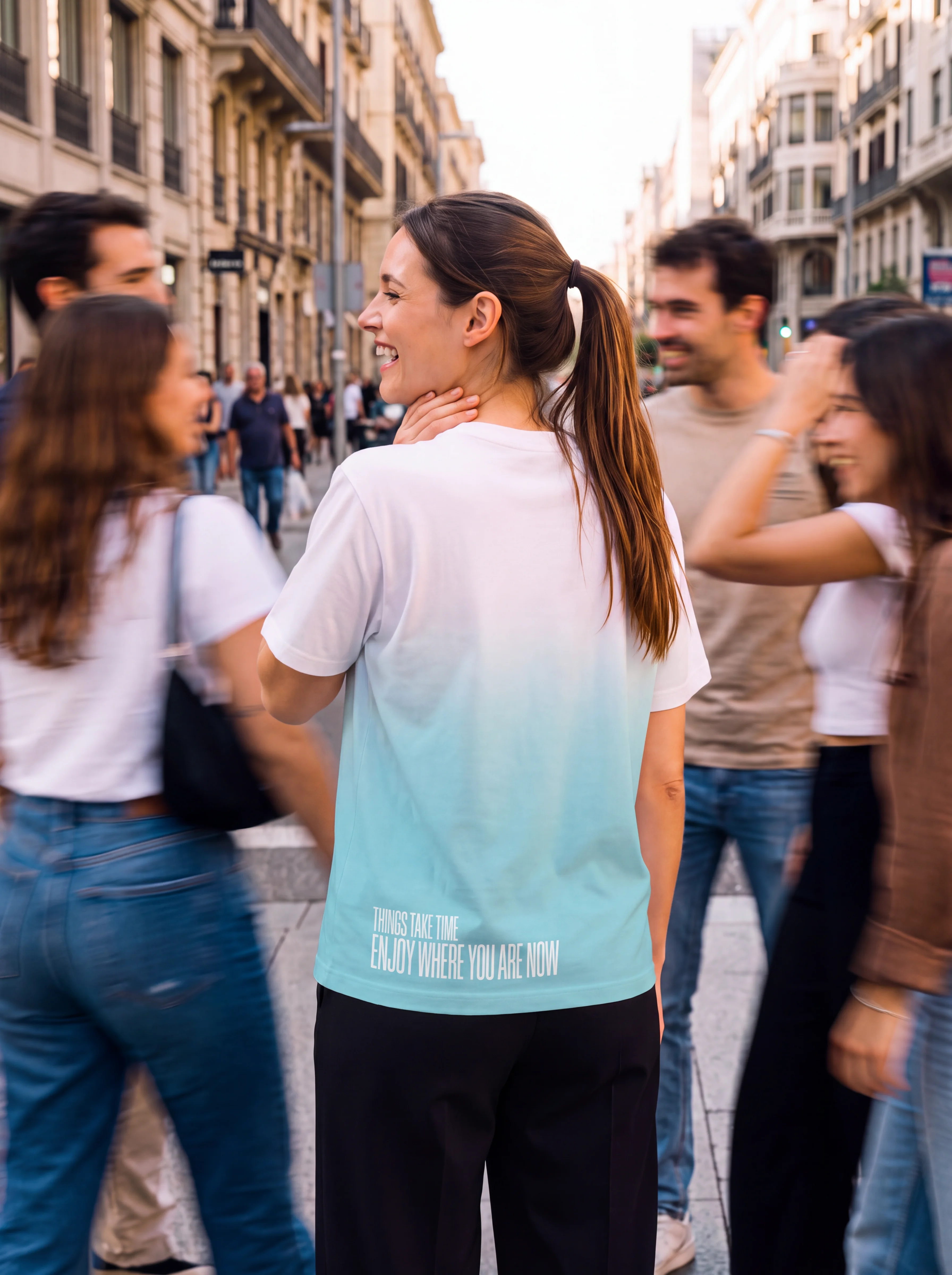 "enjoy where you are now" Backprint Tee worn by a model