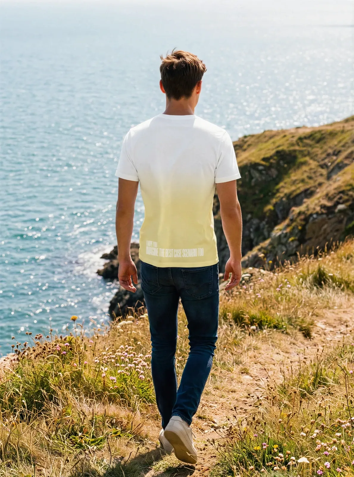 "imagine the best case scenario too" Backprint Tee (Hem Print), on model