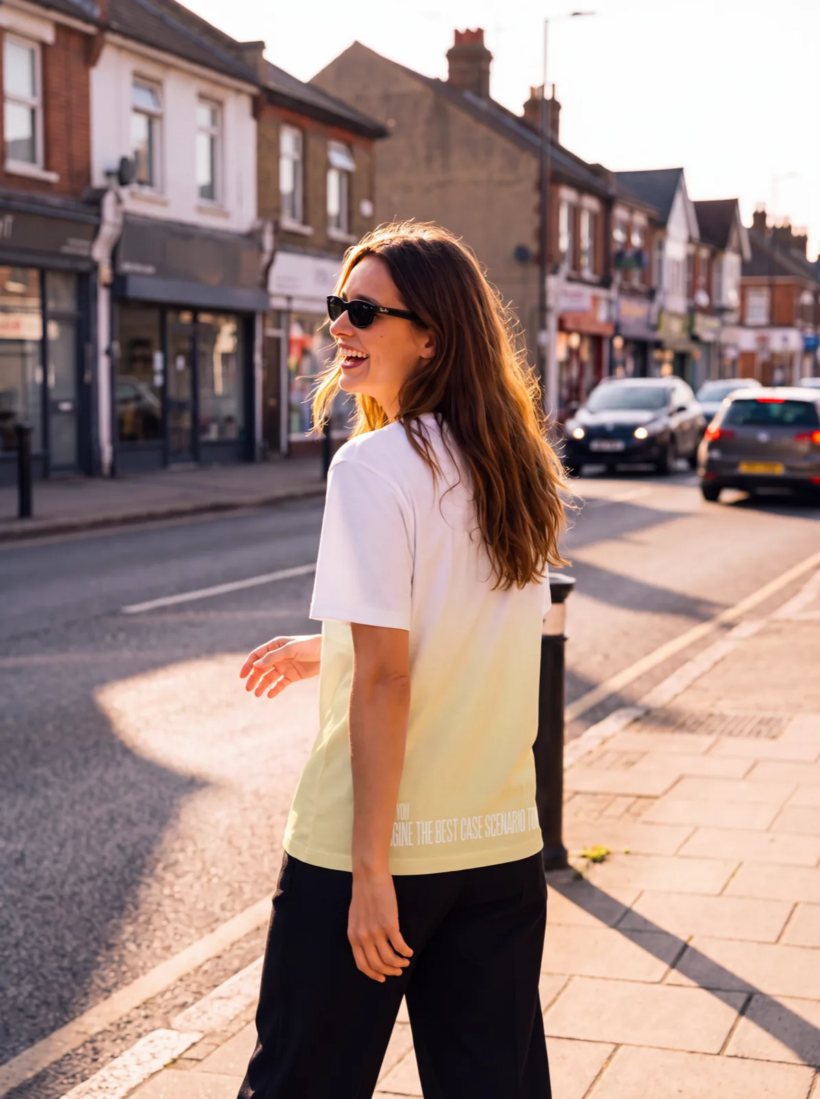 "imagine the best case scenario too" Backprint Tee (Hem Print), on model
