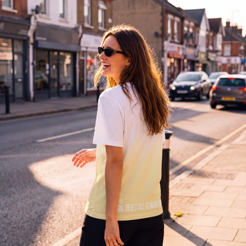 "imagine the best case scenario too" Backprint Tee worn by a model