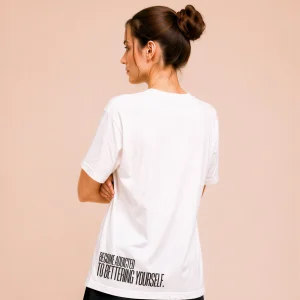 "BECOME ADDICTED TO BETTERING YOURSELF." Backprint Tee, back view, Its.That.
