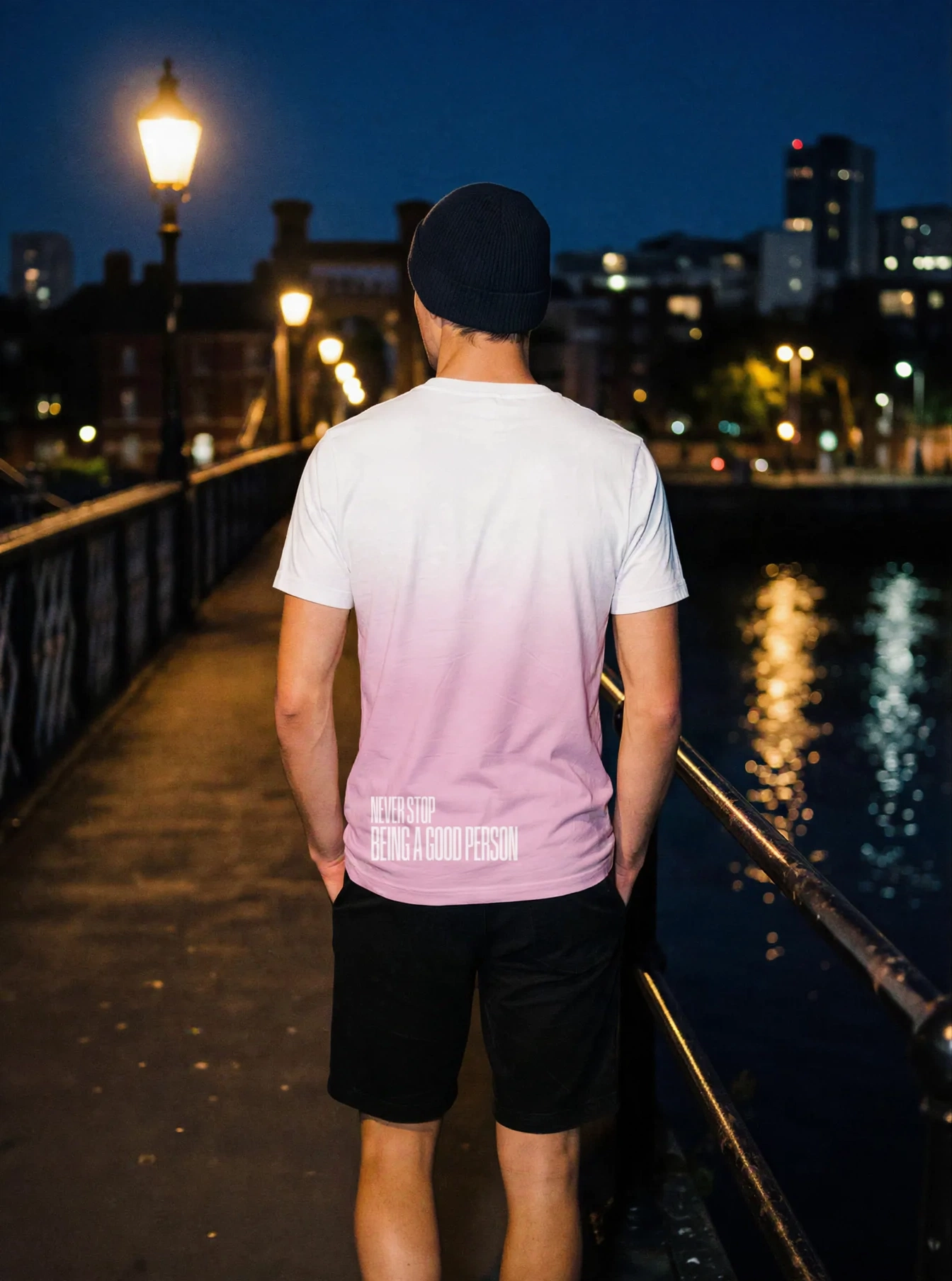 "NEVER STOP BEING A GOOD PERSON" Backprint Tee, on model