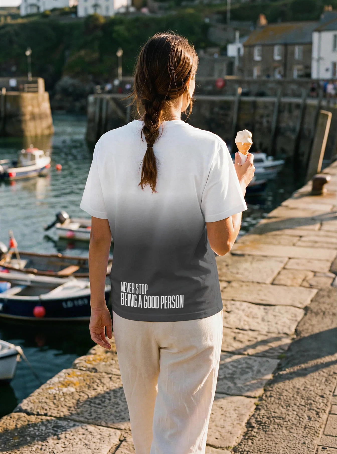"NEVER STOP BEING A GOOD PERSON" Backprint Tee, on model