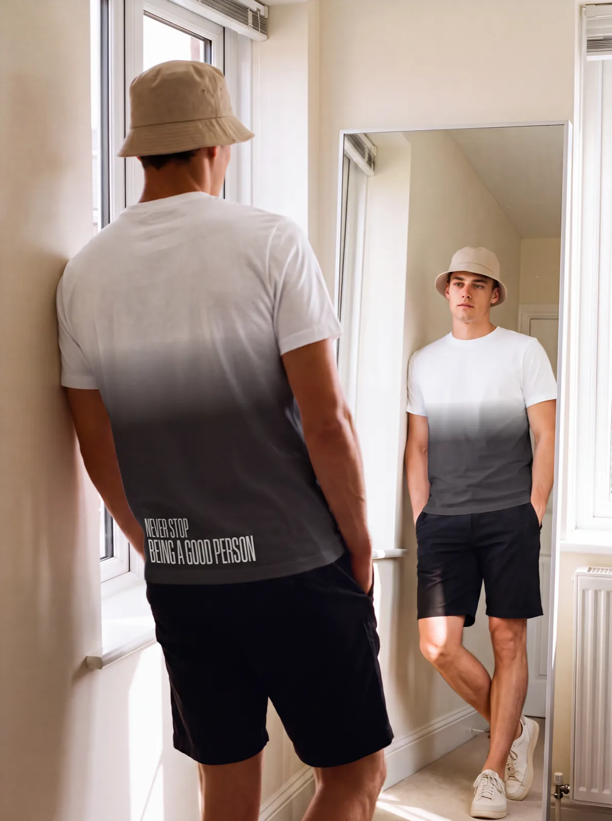 "NEVER STOP BEING A GOOD PERSON" Backprint Tee, on model