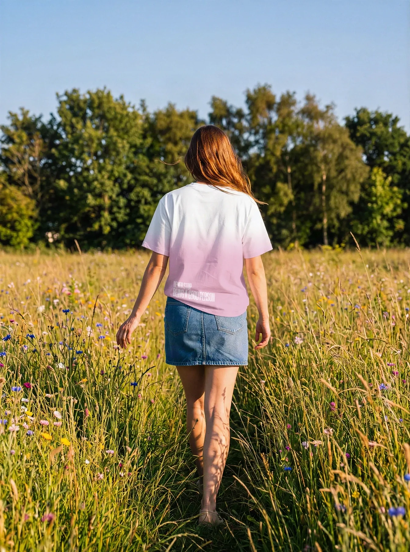 "NEVER STOP BEING A GOOD PERSON" Backprint Tee worn by a model