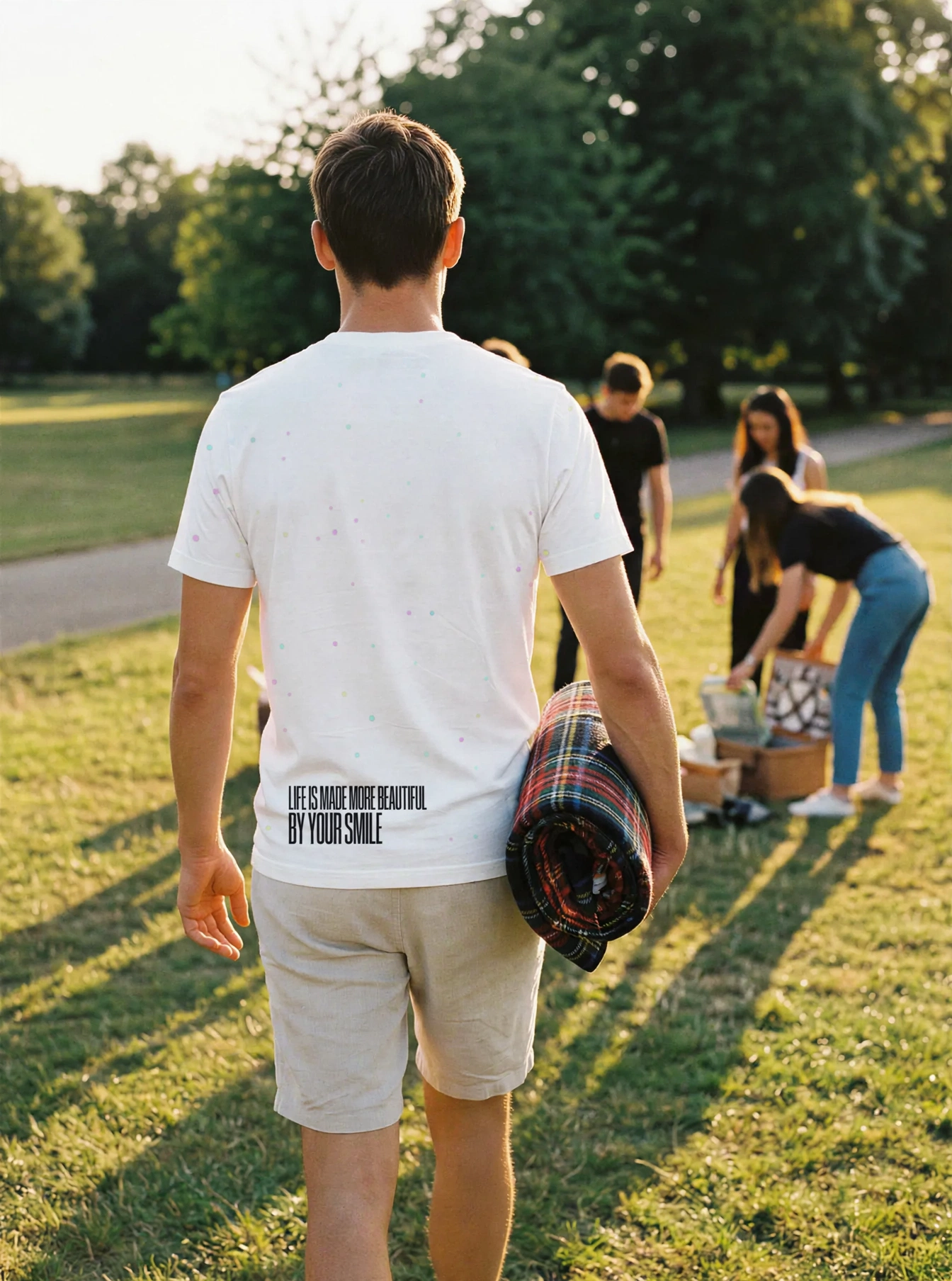 "your smile makes life more beautiful." Backprint Tee, back view
