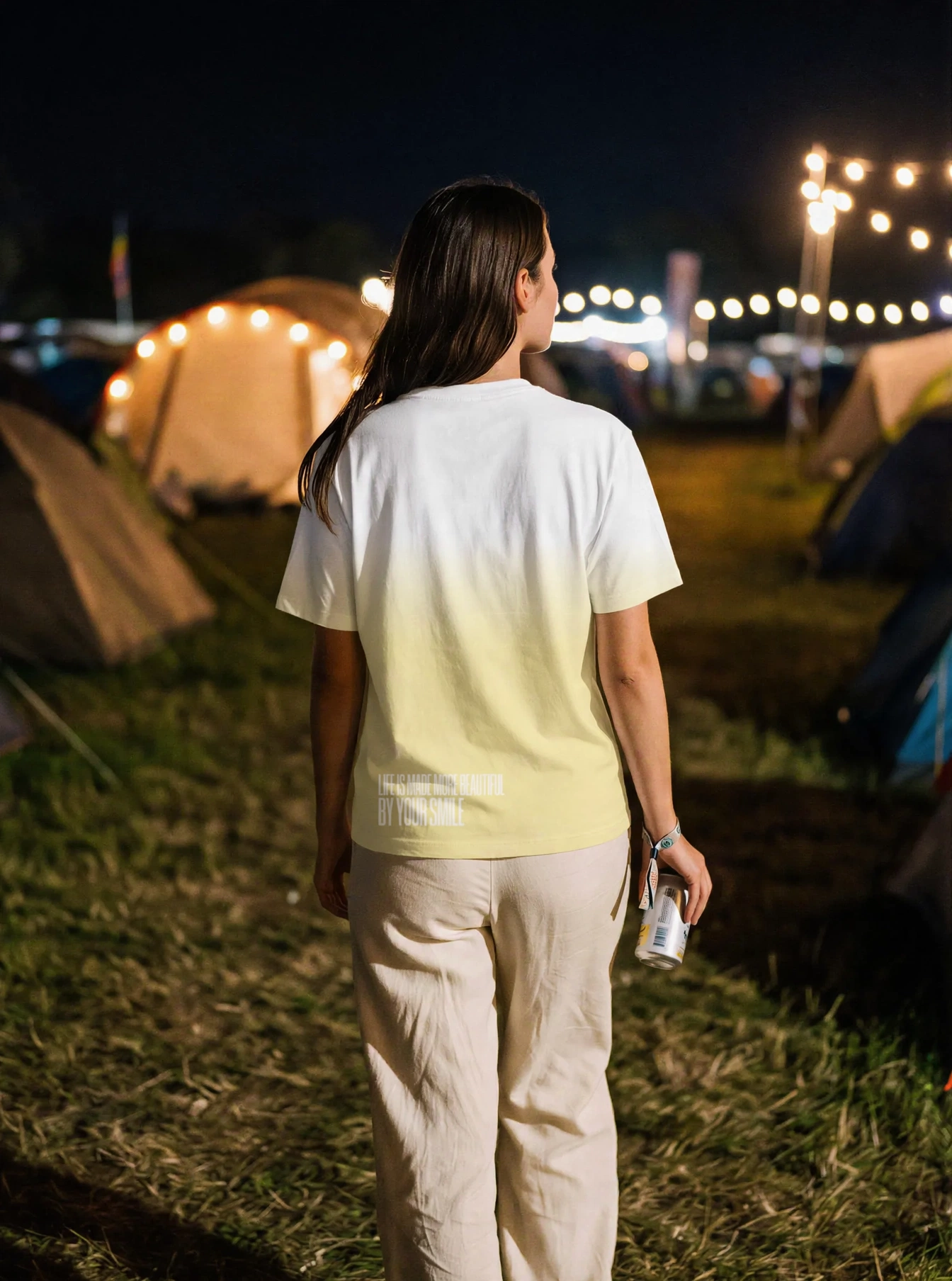 "your smile makes life more beautiful." Backprint Tee, on model
