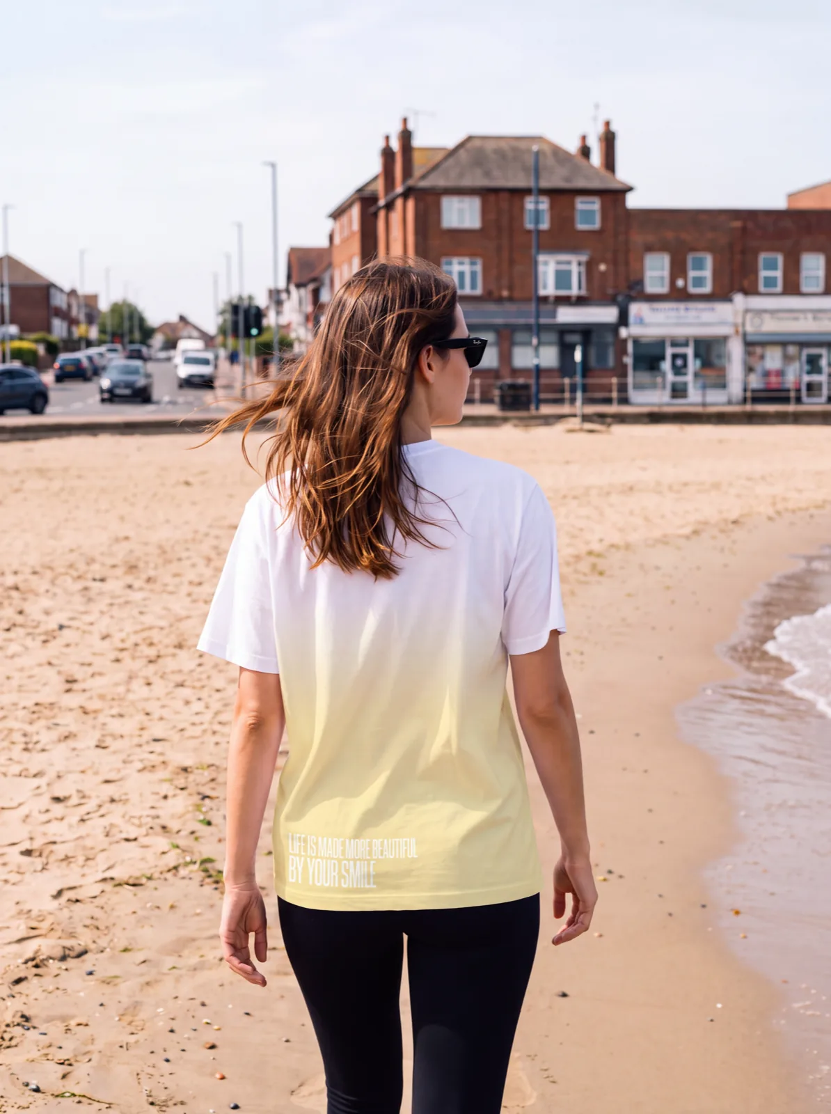 "your smile makes life more beautiful." Backprint Tee, on model