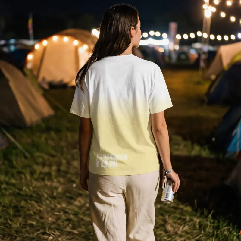 "your smile makes life more beautiful." Backprint Tee worn by a model