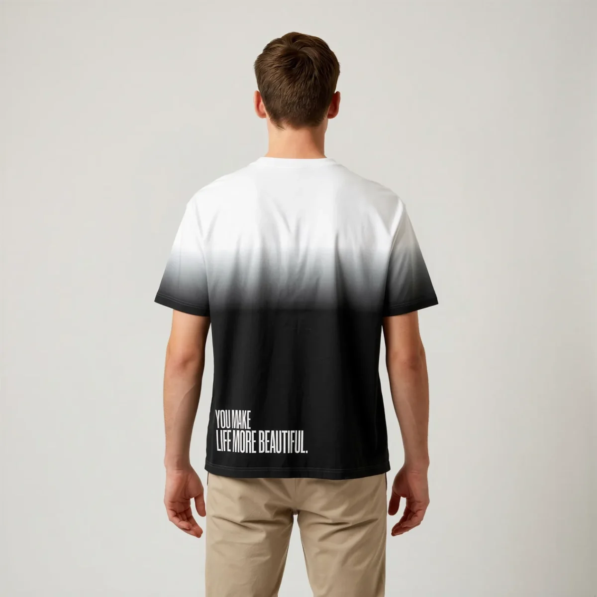 "you make life more beautiful." Backprint Tee, back view, Its.That.