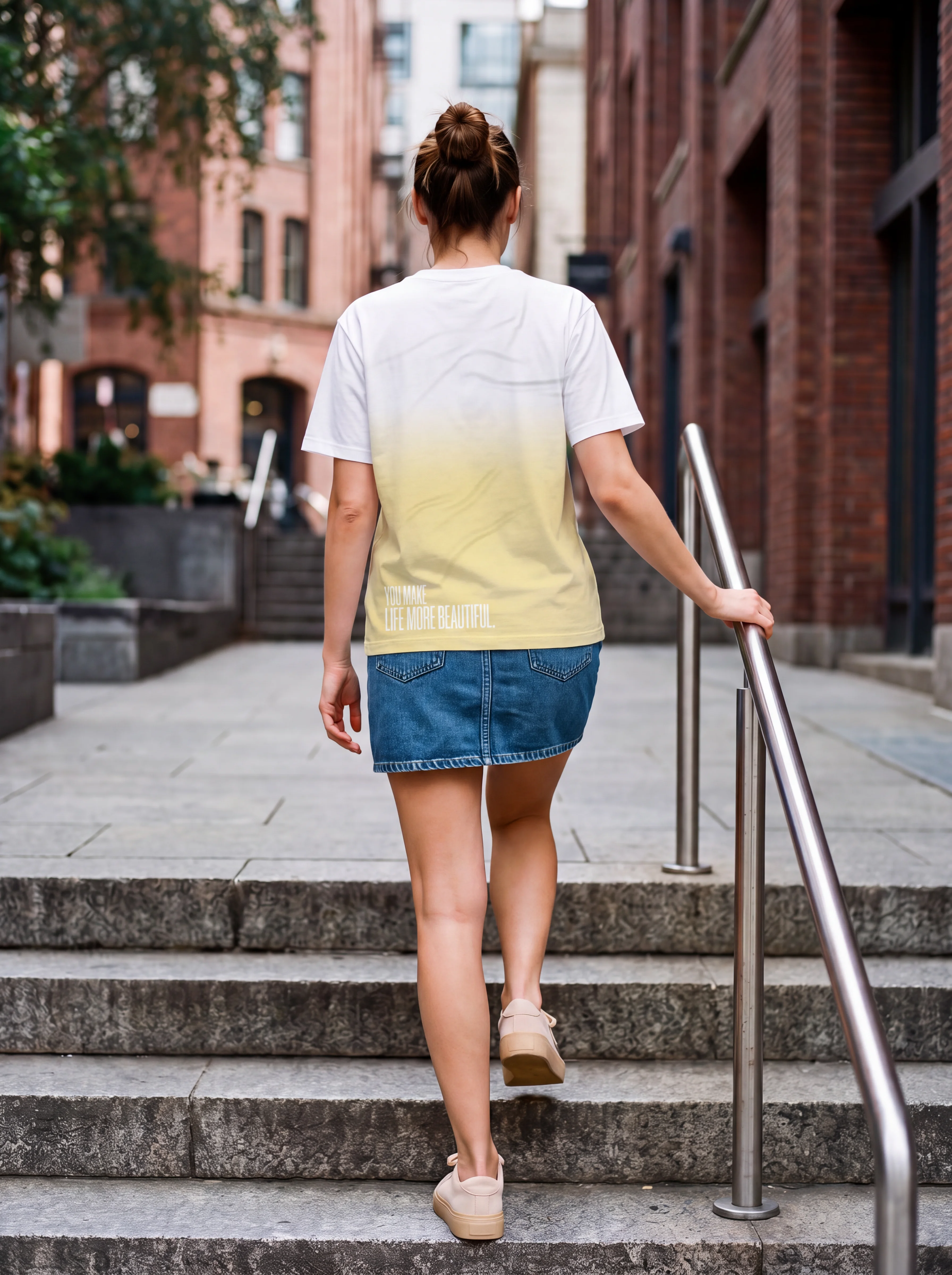 "you make life more beautiful." Backprint Tee worn by a model