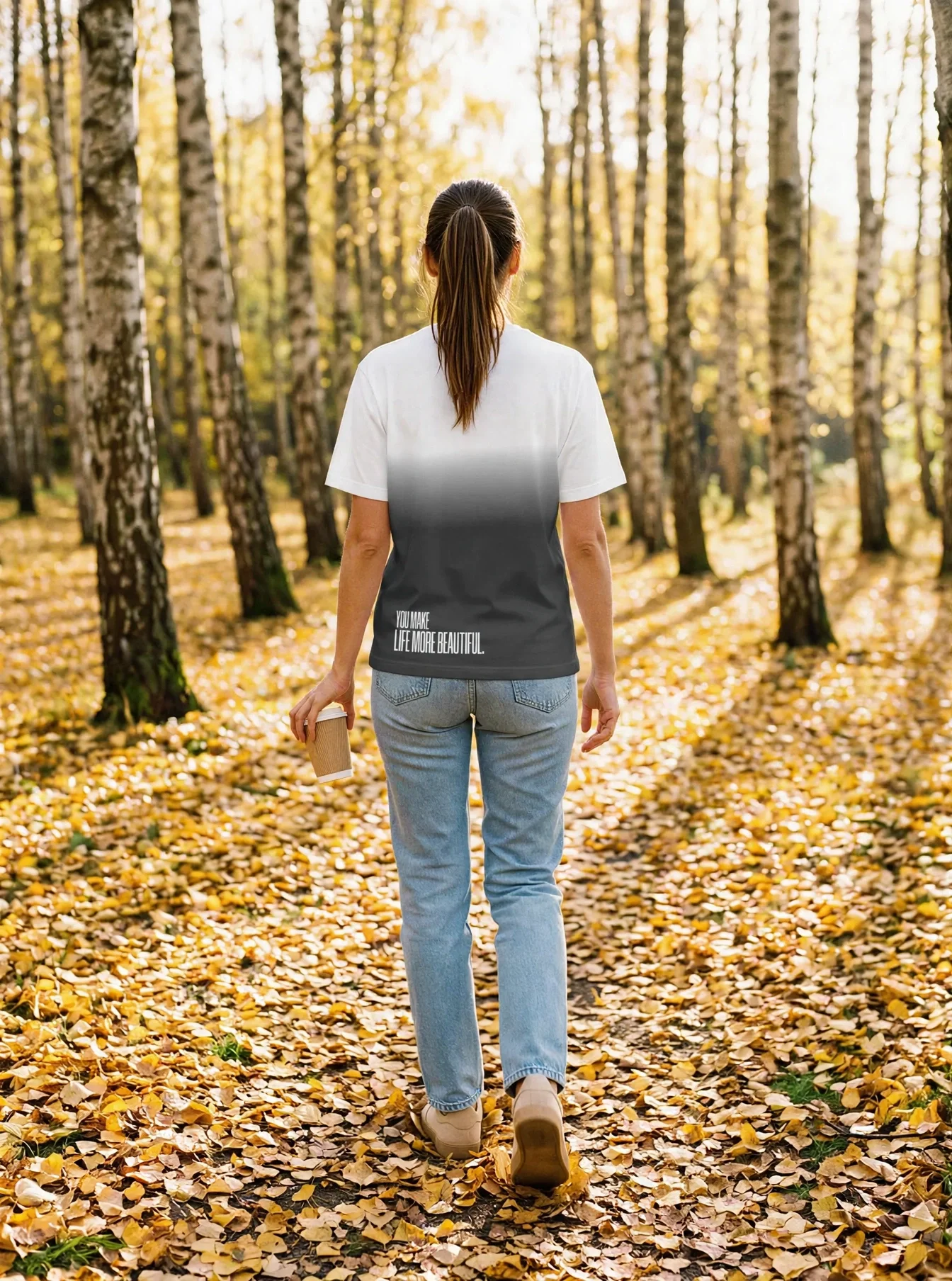 "you make life more beautiful." Backprint Tee worn by a model