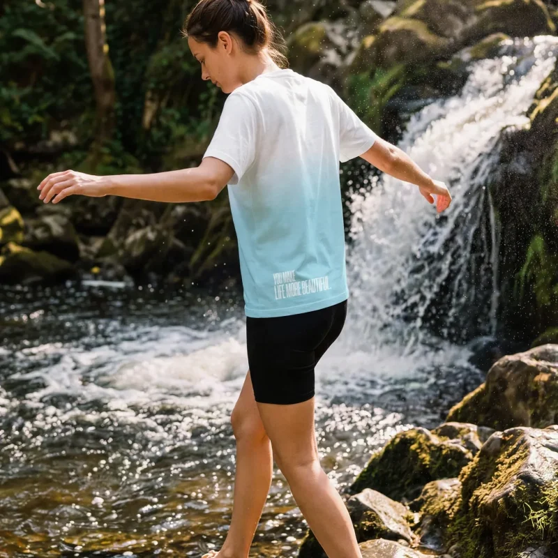 "you make life more beautiful." Backprint Tee worn by a model