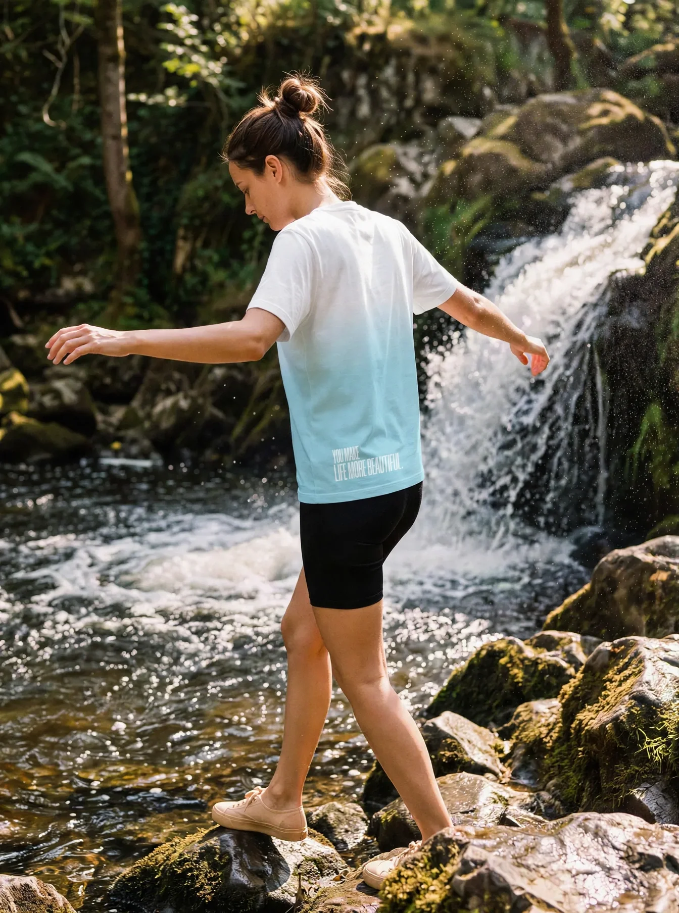 "you make life more beautiful." Backprint Tee worn by a model