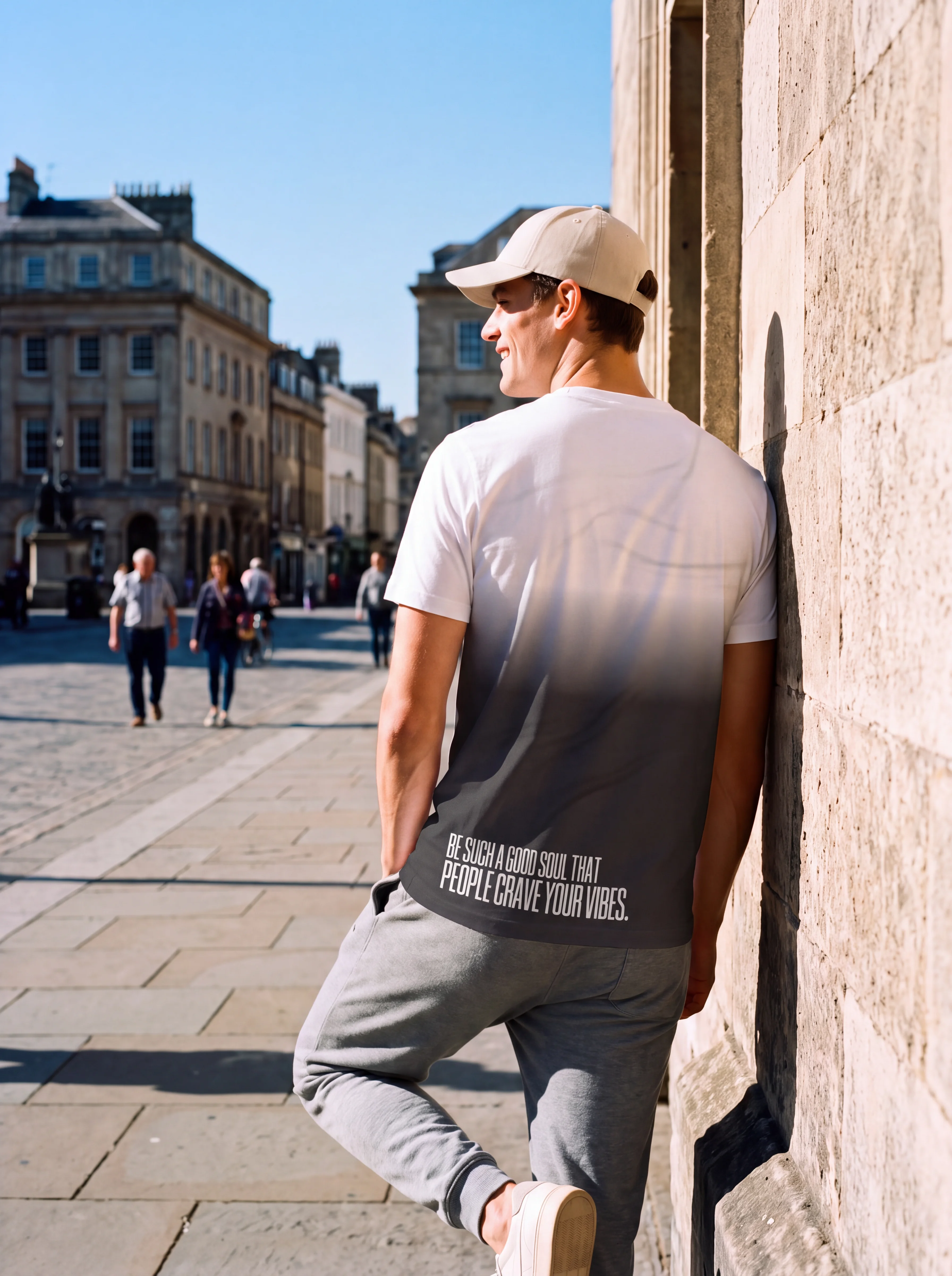 "Be such a good soul that people crave your vibes." Backprint Tee worn by a model