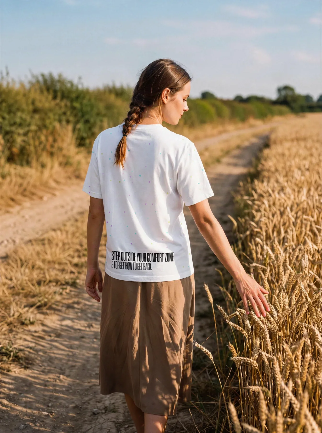 "Step outside your comfort zone & forget how to get back." Backprint Tee worn by a model