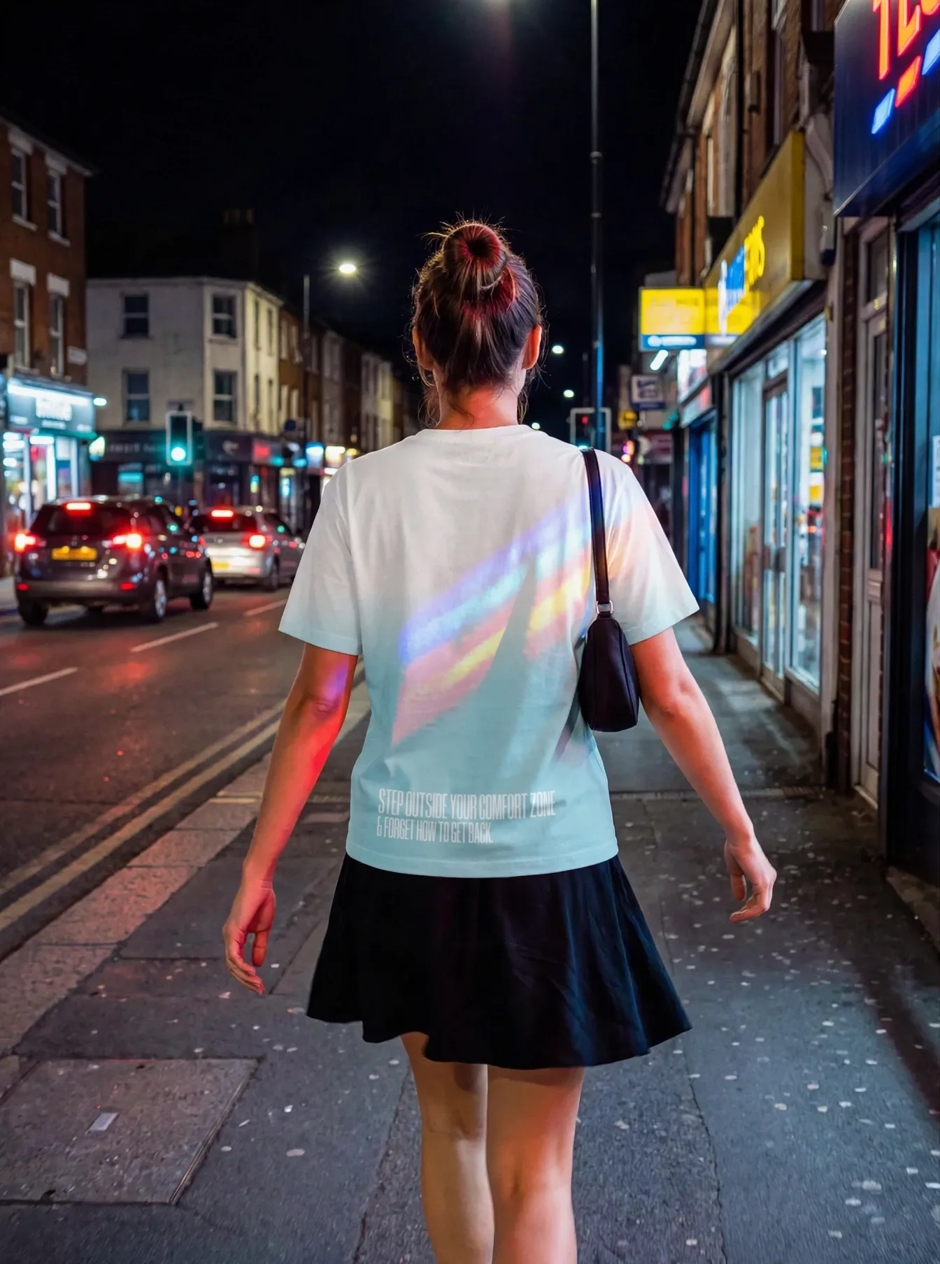 "Step outside your comfort zone & forget how to get back." Backprint Tee worn by a model