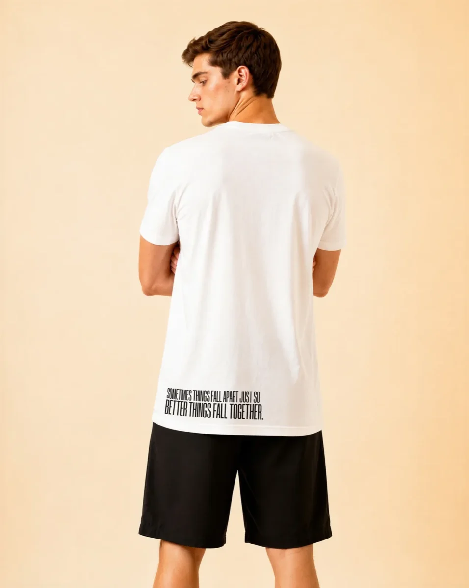 "Sometimes things fall apart just so better things fall together." Backprint Tee, back view, Its.That.
