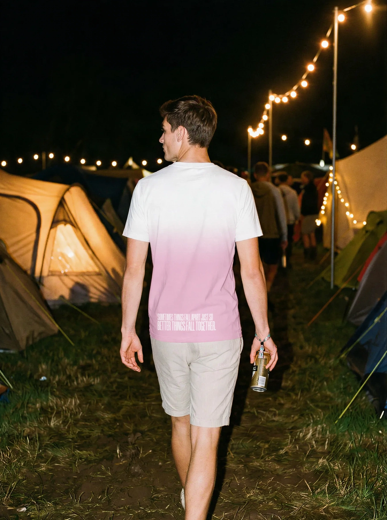 "Sometimes things fall apart just so better things fall together." Backprint Tee (Hem Print), on model