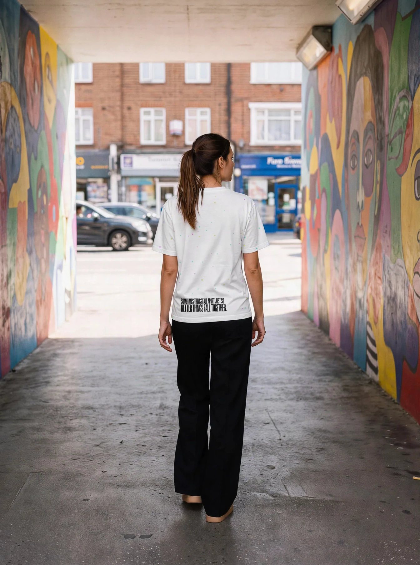 "Sometimes things fall apart just so better things fall together." Backprint Tee (Hem Print), on model