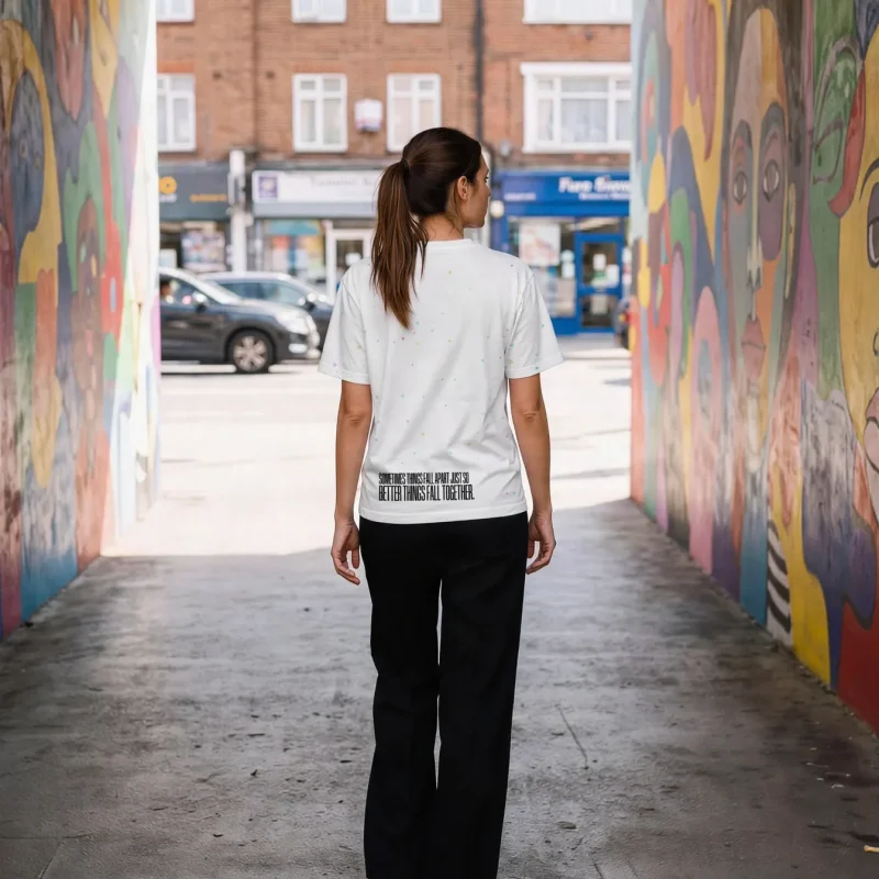 "Sometimes things fall apart just so better things fall together." Backprint Tee worn by a model