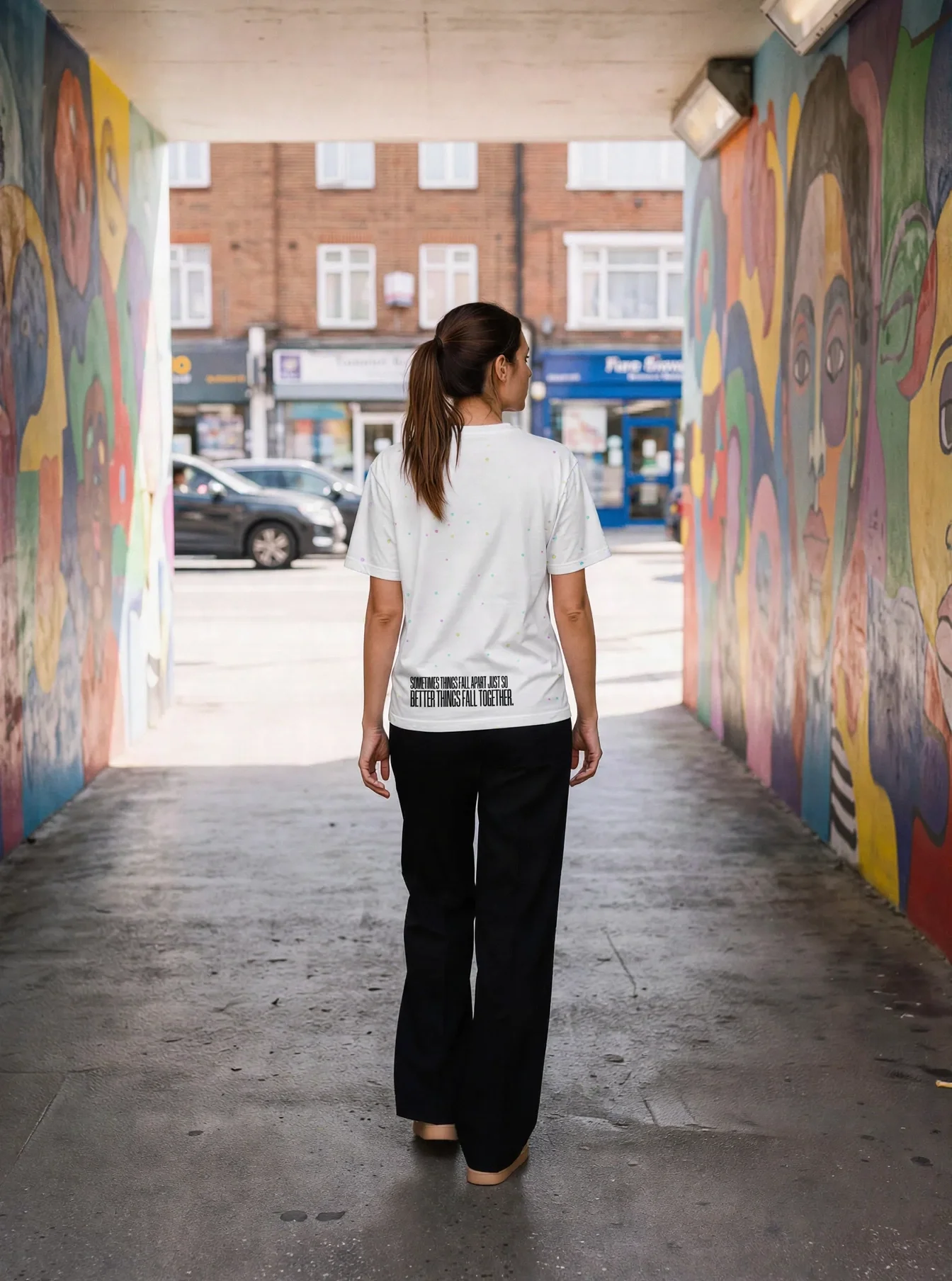 "Sometimes things fall apart just so better things fall together." Backprint Tee worn by a model