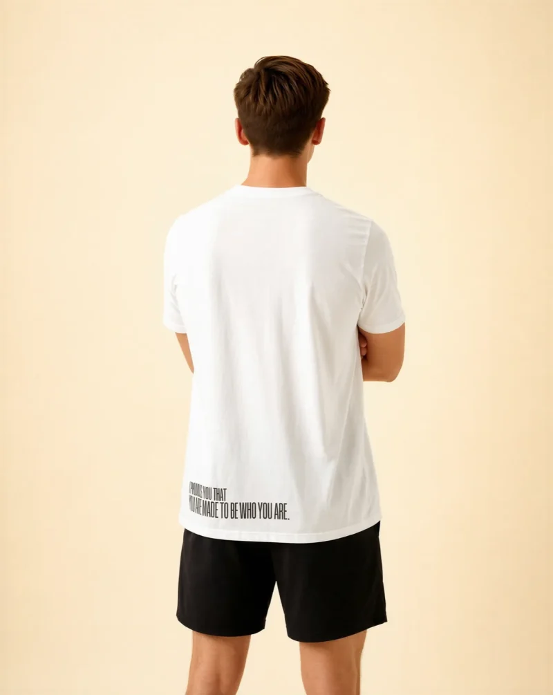 "I PROMISE YOU THAT YOU ARE MADE TO BE WHO YOU ARE." Backprint Tee, back view, Its.That.