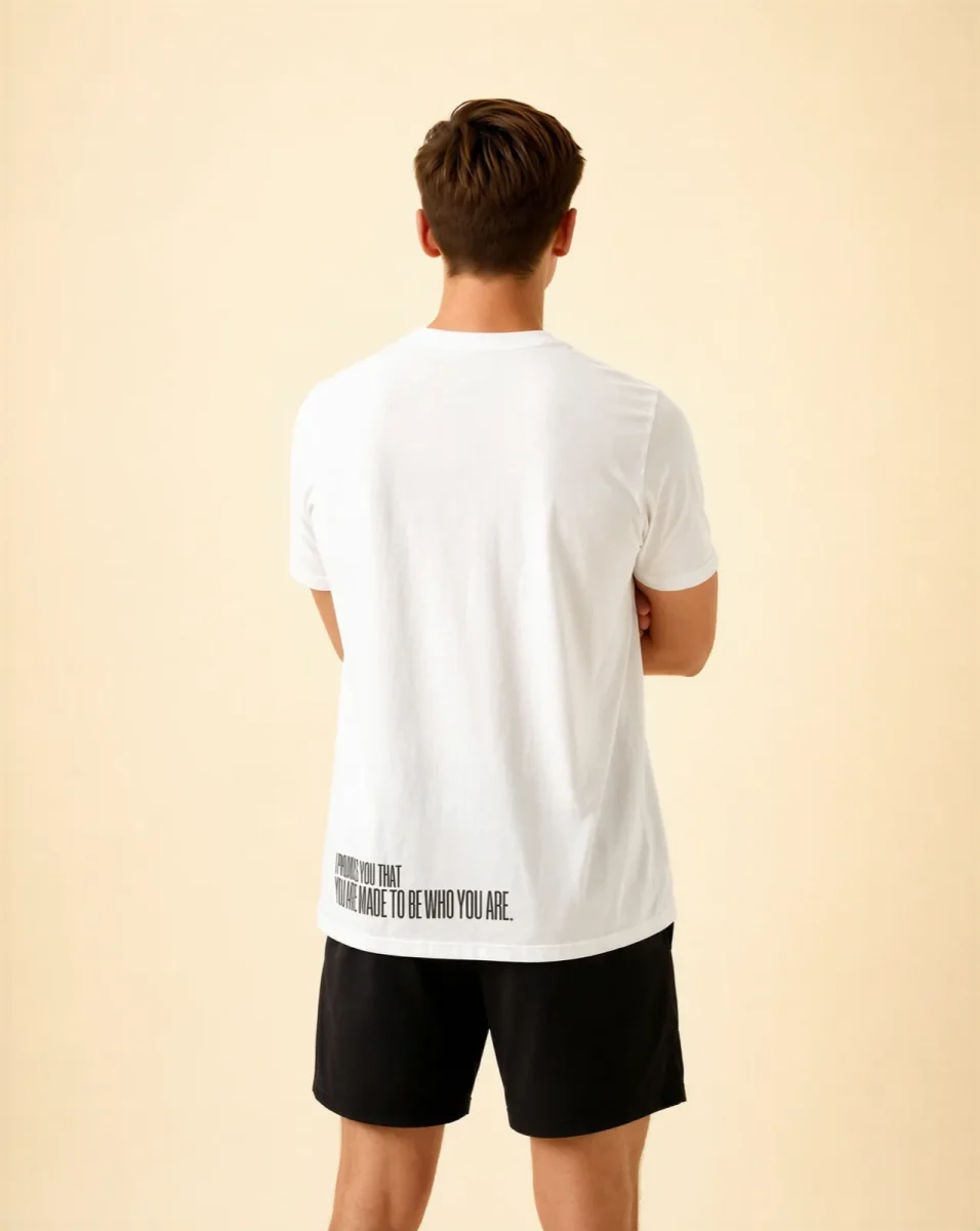 "I PROMISE YOU THAT YOU ARE MADE TO BE WHO YOU ARE." Backprint Tee, back view, Its.That.