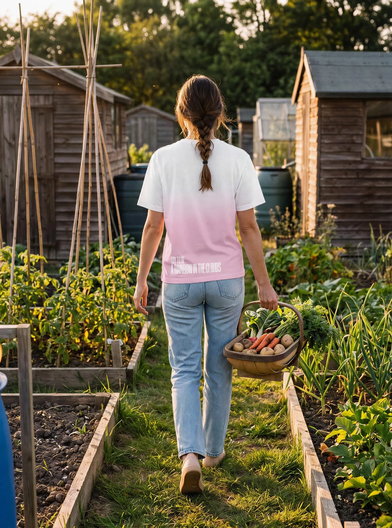 "Try to be a rainbow in the clouds" Backprint Tee, on model