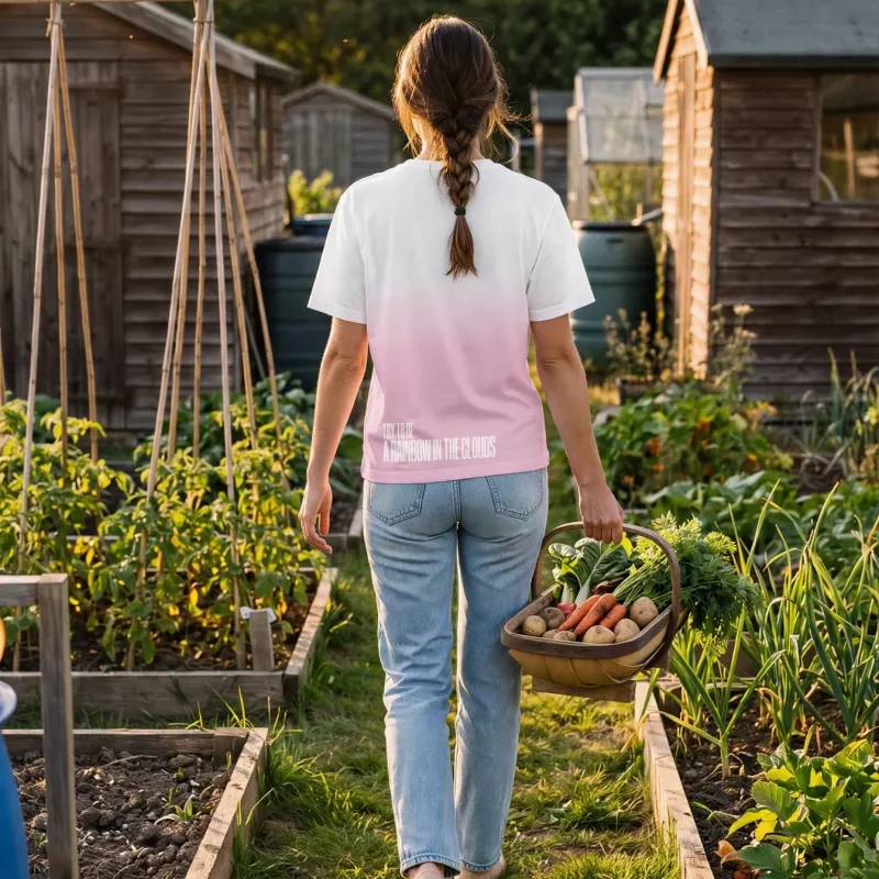"Try to be a rainbow in the clouds" Backprint Tee worn by a model