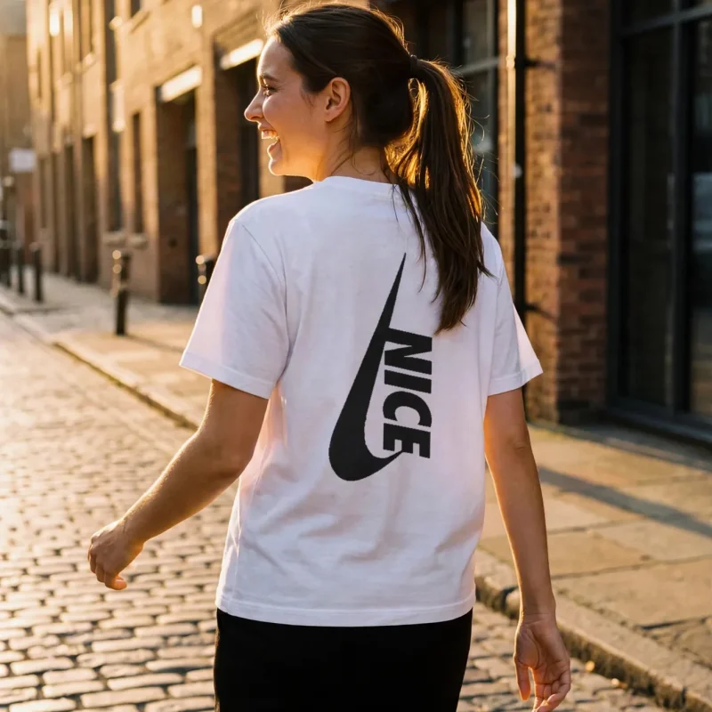 Nice Tick Backprint Tee worn by a model