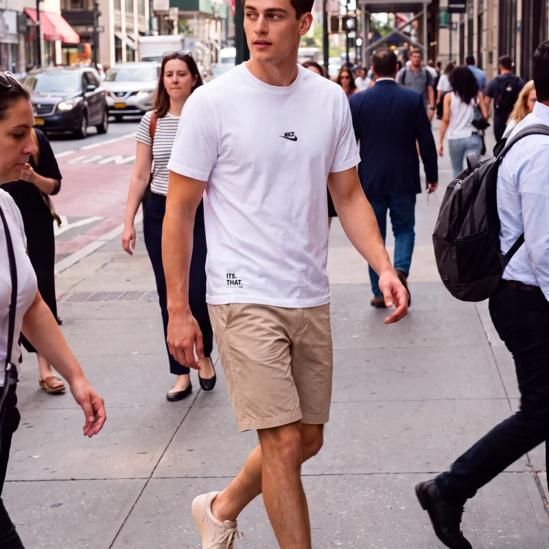 Nice Tick Front Tee worn by a model