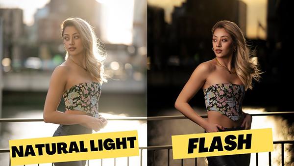 Portrait photographer using off-camera flash with a softbox modifier in a studio setting, demonstrating directional lighting on a subject
