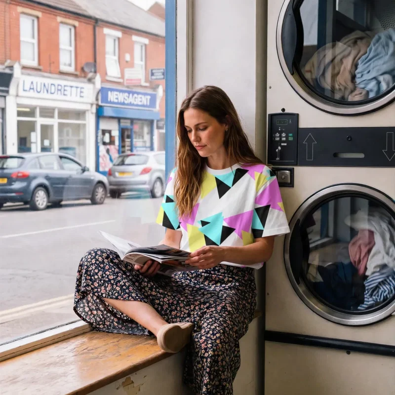 Geo Blocks All-Over Print T-Shirt worn by a model