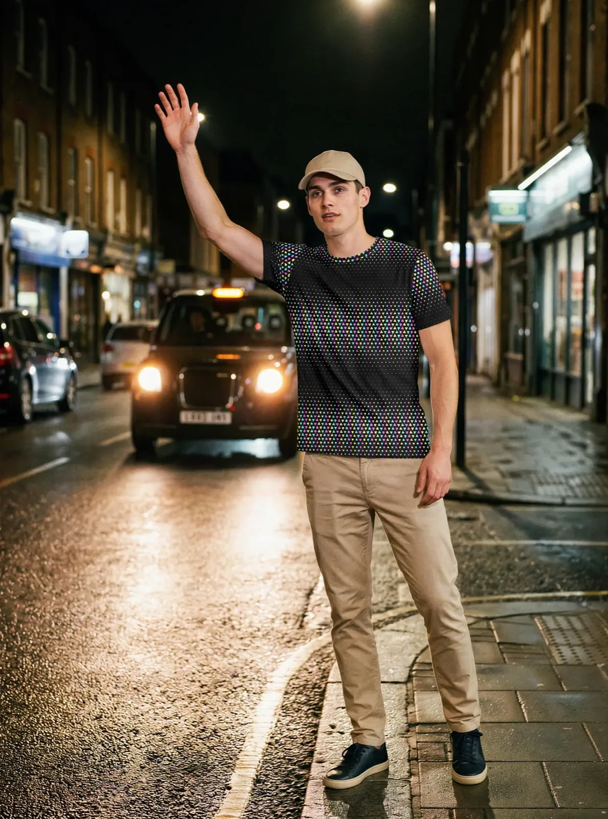 Geo Halftone All-Over Print T-Shirt, black colourway, on model