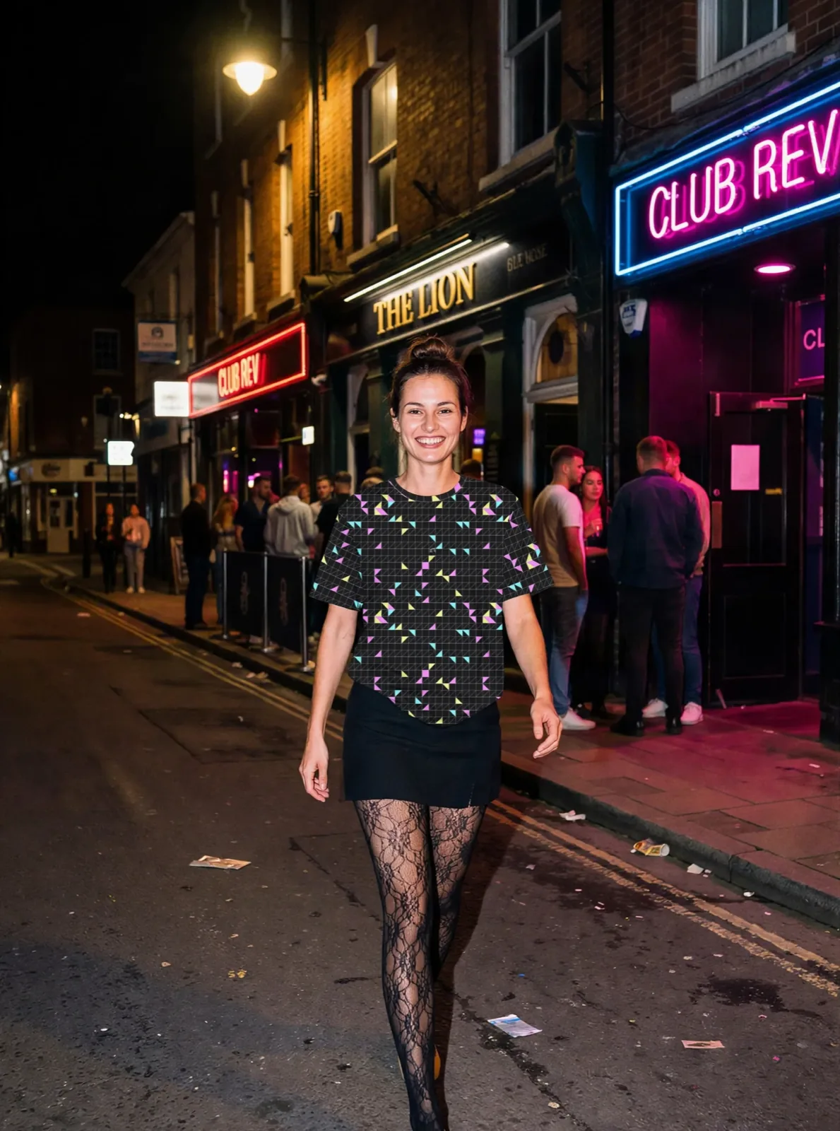 Geo Mesh All-Over Print T-Shirt, black colourway, on model