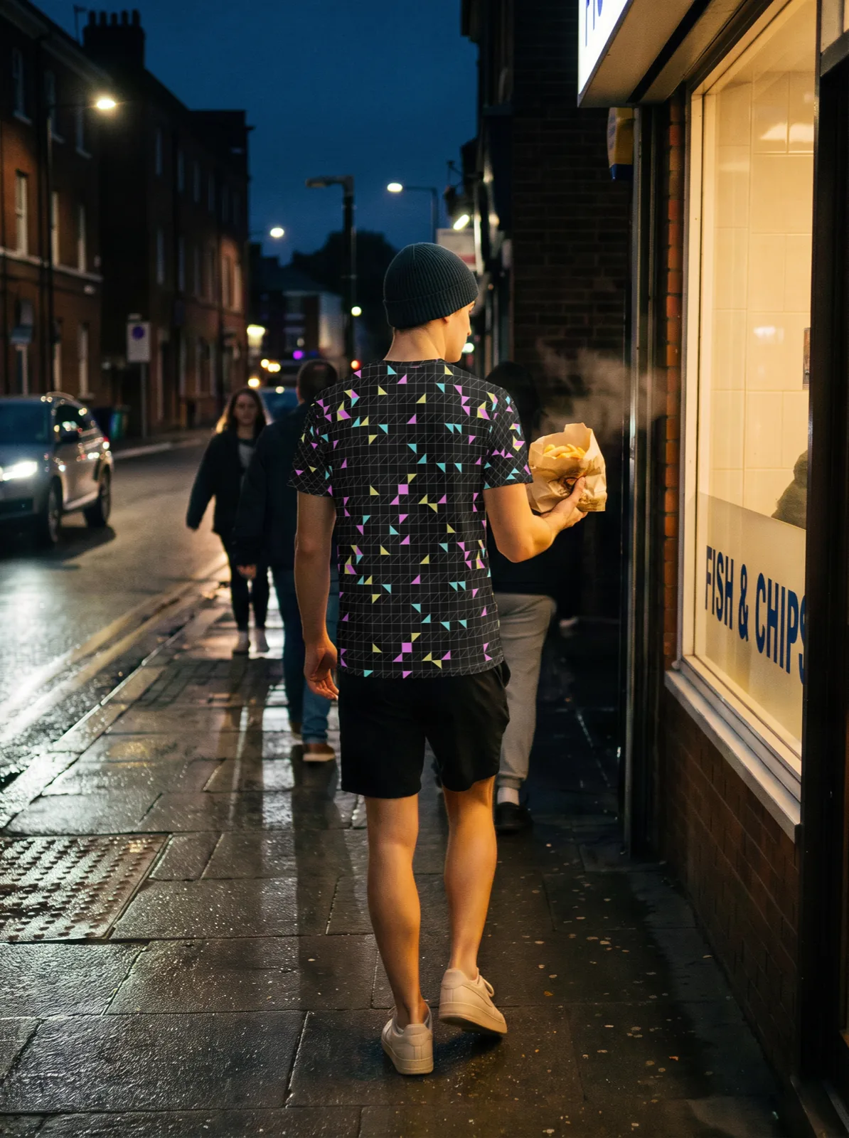 Geo Mesh All-Over Print T-Shirt, black colourway, on model